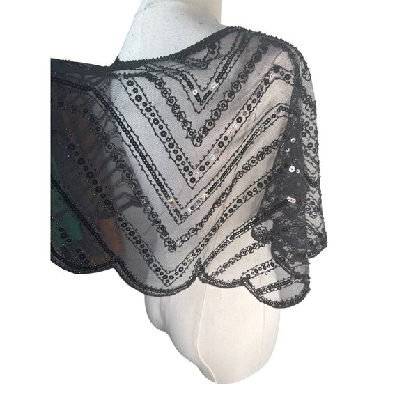 Vintage Black Sequin Sheer Capelet Shrug Bolero - Picture 12 of 14